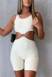 Cream White Sexy Solid Hollowed Out Patchwork U Neck Skinny Rompers