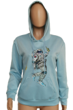Light Blue Casual Print Patchwork Hooded Collar Tops