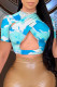 Blue Fashion Sexy Print Hollowed Out V Neck T-Shirts
