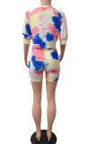 Red Casual Tie Dye Bandage Patchwork O Neck Half Sleeve Two Pieces