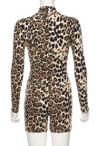 Brown Fashion street Leopard grain Long Sleeve O Neck Jumpsuits