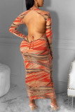 Yellow Sexy Print Backless O Neck Pencil Skirt Dresses