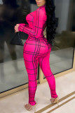 Rose Red Sexy Print O Neck Regular Jumpsuits