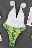Green Sexy Print Bandage Backless Swimwears