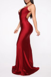 Red Fashion Sexy Solid Backless Spaghetti Strap Evening Dress
