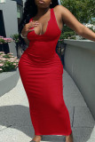 Red Casual Daily Solid Split Joint V Neck A Line Dresses