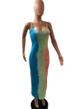 Blue Fashion Sexy Print Backless Spaghetti Strap Sleeveless Dress