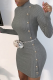 Grey Casual Solid Buttons Turtleneck Pencil Skirt Dresses