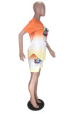 Blue Fashion Casual Gradual Change Lips Printed Basic O Neck Short Sleeve Two Pieces