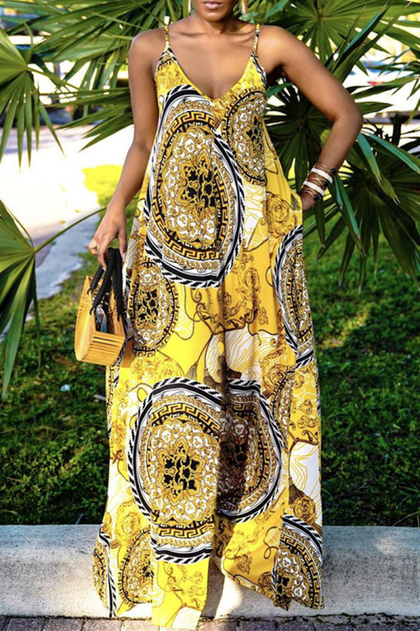 Yellow Sexy Casual Print Backless Spaghetti Strap Sleeveless Dress