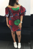 Wine Red Sexy Print Patchwork Bateau Neck Pencil Skirt Dresses