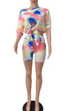 Red Casual Tie Dye Bandage Patchwork O Neck Half Sleeve Two Pieces