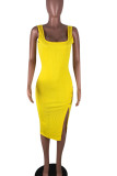 Red Sexy Solid Patchwork Asymmetrical U Neck Pencil Skirt Dresses