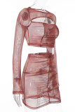 Khaki Sexy Street Print Hollowed Out Patchwork Tie-dye See-through O Neck Long Sleeve Two Pieces