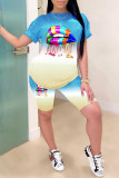 Blue Fashion Casual Gradual Change Lips Printed Basic O Neck Short Sleeve Two Pieces