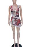 Multicolor Sexy Print Hollowed Out Patchwork U Neck Sheath Dresses