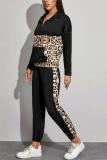 Black adult Casual Fashion Two Piece Suits Patchwork Leopard Print pencil Long Sleeve