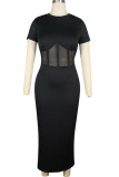 Red Fashion Sexy adult Ma'am Cap Sleeve Short Sleeves O neck Step Skirt Mid-Calf Patchwork Mesh Solid Dresses