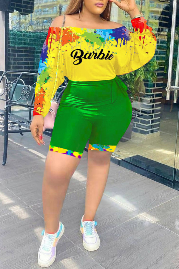 Green Yellow Street Letter Print Bateau Neck Long Sleeve Two Pieces