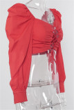 Red Sexy Casual Solid Backless Strap Design Square Collar Tops