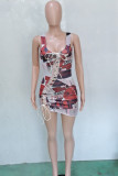 Multicolor Fashion Sexy Print Bandage Hollowed Out U Neck Vest Dress Dresses