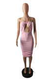 Pink Fashion Sexy Solid Hollowed Out Backless Halter Sleeveless Dress