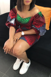 Wine Red Sexy Print Patchwork Bateau Neck Pencil Skirt Dresses