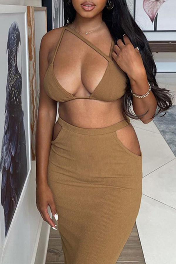 Khaki Sexy Solid Hollowed Out Patchwork Frenulum Backless Spaghetti Strap Sleeveless Two Pieces