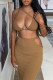 Khaki Sexy Solid Hollowed Out Patchwork Frenulum Backless Spaghetti Strap Sleeveless Two Pieces
