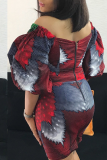 Wine Red Sexy Print Patchwork Bateau Neck Pencil Skirt Dresses