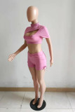 Pink Sexy Casual Solid Hollowed Out Half A Turtleneck Short Sleeve Two Pieces