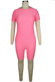 Fluorescent Red Fashion Casual Solid Basic O Neck Short Sleeve Two Pieces