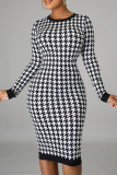 Black White Sexy Print Patchwork O Neck Pencil Skirt Dresses