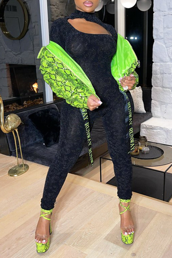 Black Sexy Leopard Patchwork Half A Turtleneck Skinny Jumpsuits