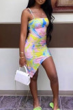 Yellow Fashion Sexy Print Backless Spaghetti Strap Irregular Dress
