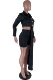 Black Sexy Solid Buttons Asymmetrical Turndown Collar Long Sleeve Two Pieces