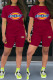 Burgundy Fashion Casual Print Basic O Neck Short Sleeve Two Pieces