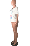White Casual Print Patchwork O Neck Tops