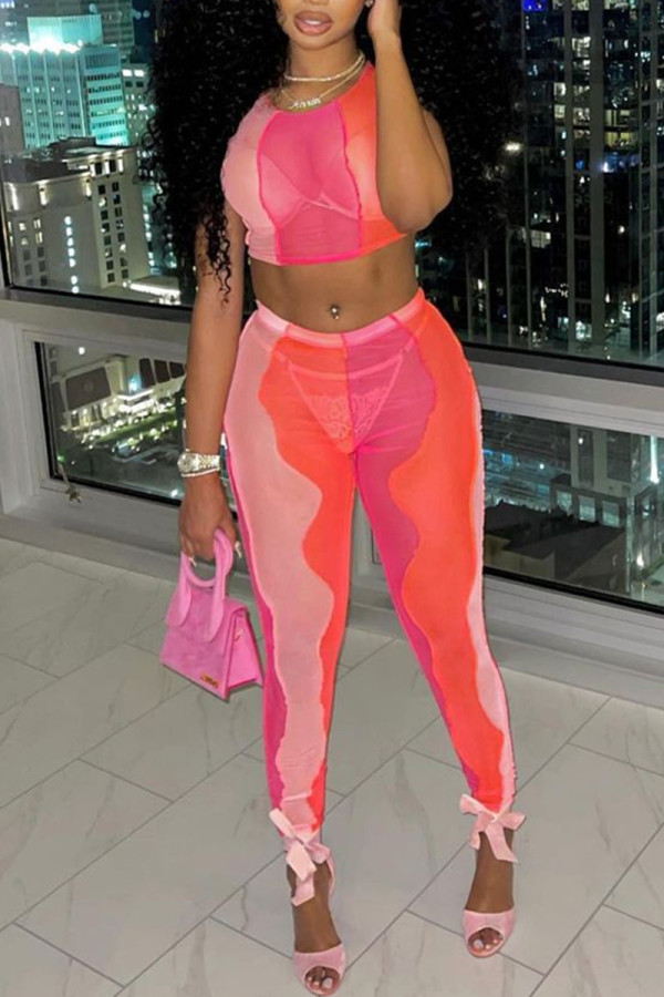 Red Sexy Print See-through O Neck Sleeveless Two Pieces