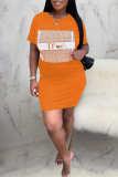 Pink Fashion Sexy Regular Sleeve Short Sleeve O Neck Short Sleeve Dress Knee Length Print Dresses