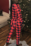 Red Sexy Plaid Patch V Neck Skinny Jumpsuits