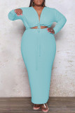 Pink Fashion Casual Plus Size Solid Bandage Hollowed Out V Neck Long Sleeve Dresses