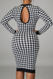 Black White Sexy Print Patchwork O Neck Pencil Skirt Dresses