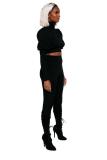 Black Fashion adult Street Patchwork Zippered Solid Two Piece Suits pencil Long Sleeve
