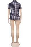 Grey Casual Plaid Patchwork Turndown Collar Tops