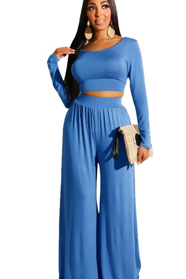 Light Blue Milk Silk Casual Solid Loose Long Sleeve Two-piece Pants Set