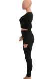 Pink Street Solid Patchwork Backless V Neck Long Sleeve Two Pieces