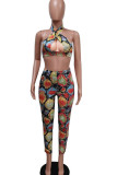 Multi-color Sexy Print Hollowed Out Patchwork Halter Sleeveless Two Pieces