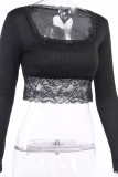 White O Neck Long Sleeve Patchwork Solid Mesh lace HOLLOWED OUT crop top Tops