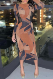 Brown Casual Print Patchwork O Neck Pencil Skirt Dresses